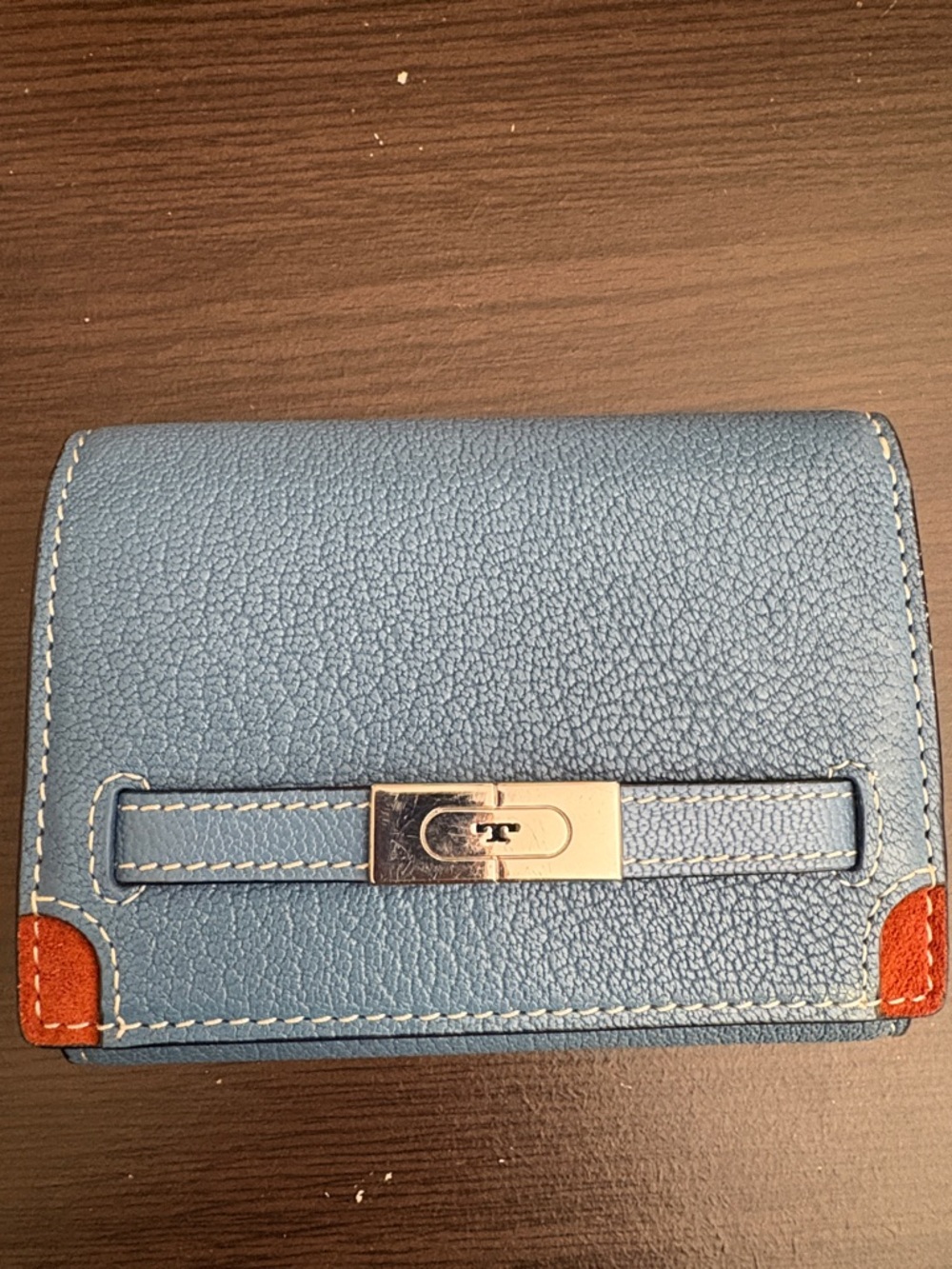 EUC Tory Burch Blue Leather Bifold Wallet with Tan, orange, yellow accents. - Picture 3 of 7